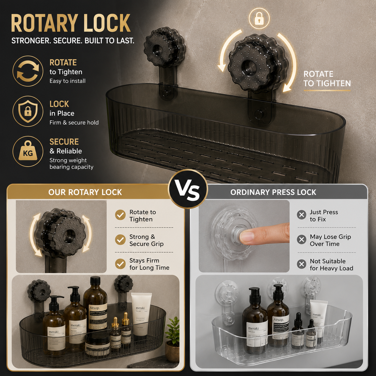 Premium Wall Mounted Bathroom Organizer with Rotary Lock | No Drilling | Reusable Storage Rack