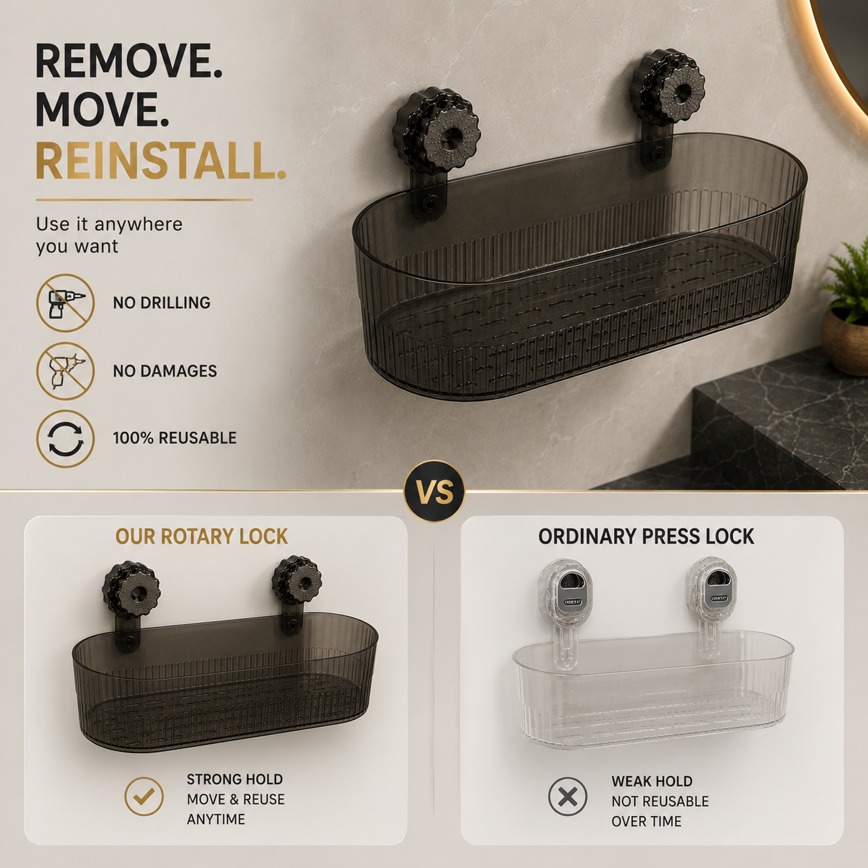 Premium Wall Mounted Bathroom Organizer with Rotary Lock | No Drilling | Reusable Storage Rack