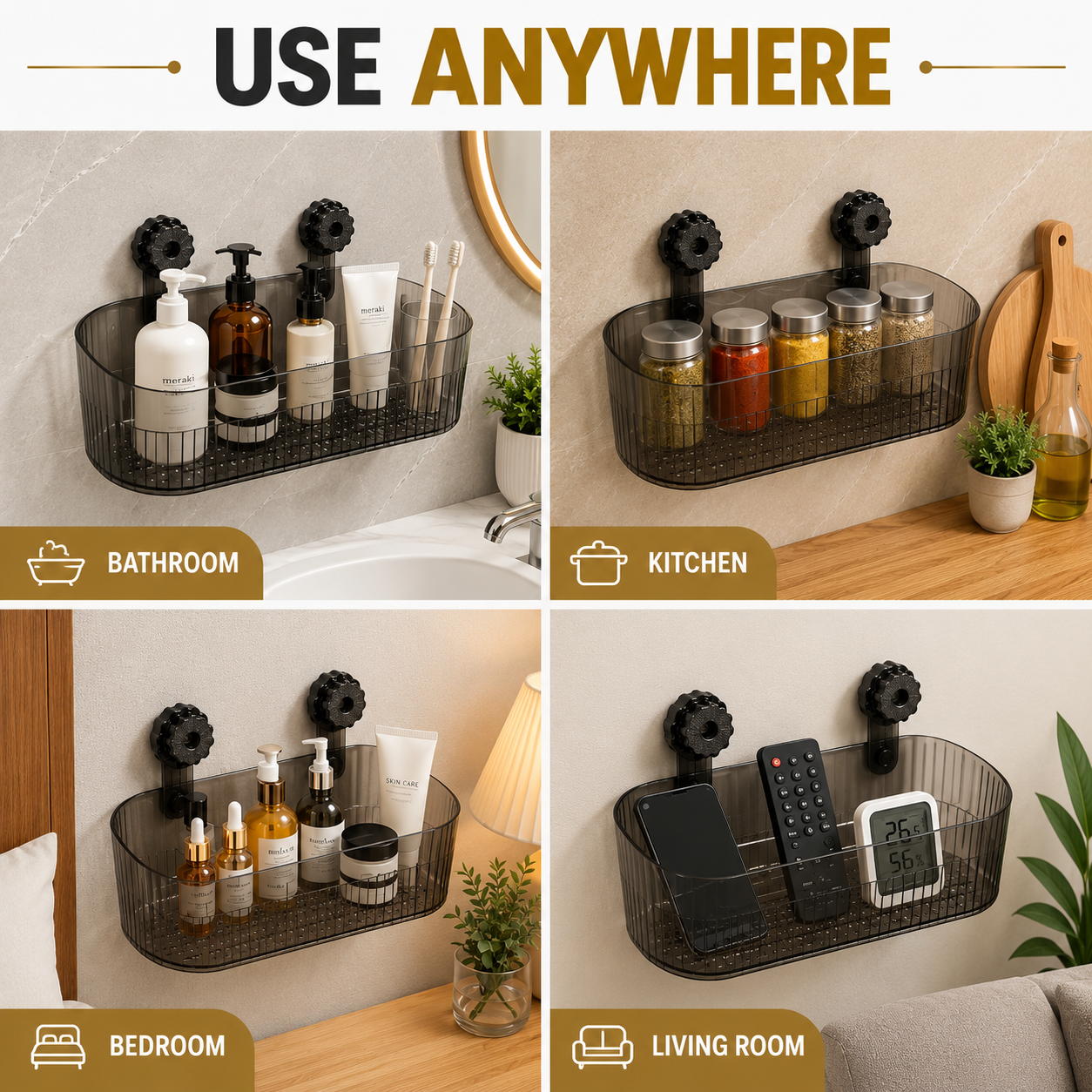 Premium Wall Mounted Bathroom Organizer with Rotary Lock | No Drilling | Reusable Storage Rack