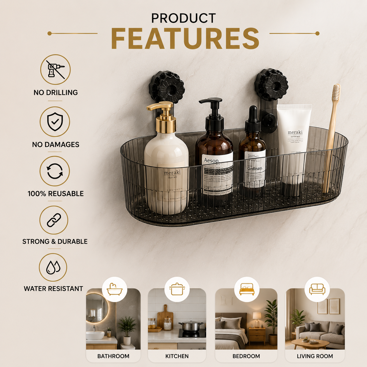 Premium Wall Mounted Bathroom Organizer with Rotary Lock | No Drilling | Reusable Storage Rack